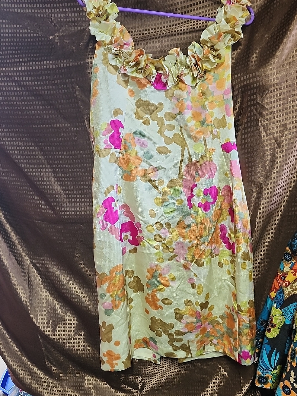 Floral Ruffle-Trim Slip Dress in Light Green and Pink